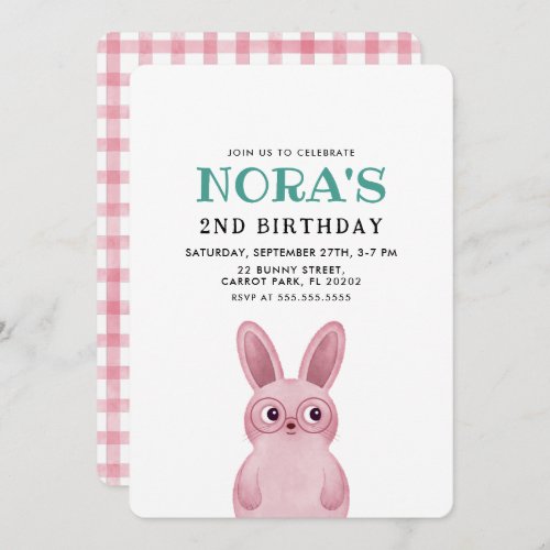 Pink bunny with glasses girlâs birthday party invitation