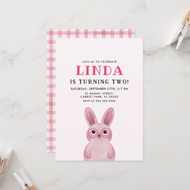 Pink bunny with glasses girl’s birthday party invitation (Front/Back In Situ)