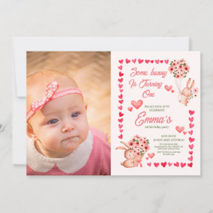 Pink bunny with photo first birthday invitation