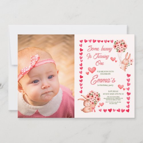 Pink bunny with photo first birthday invitation