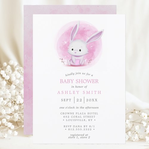 Pink Bunny Woodland Watercolor Baby Shower Invitation