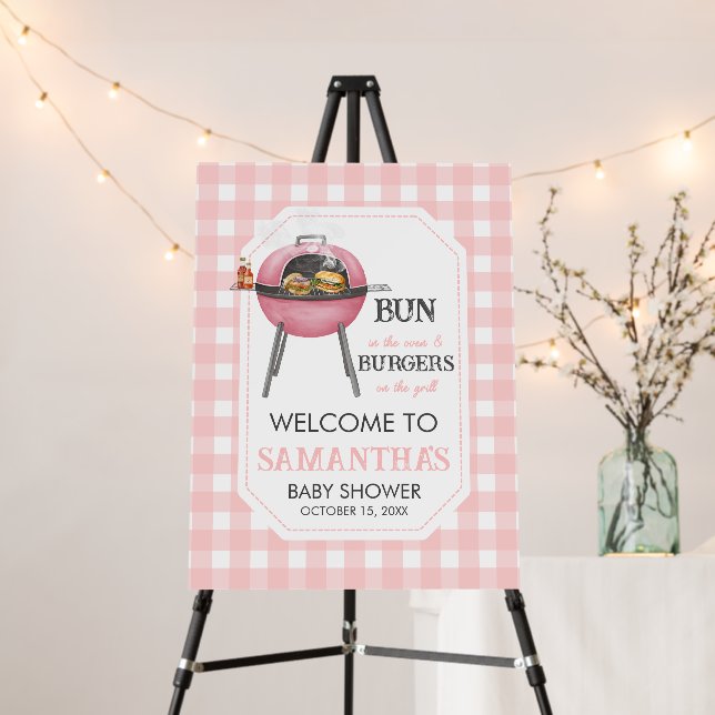 Pink Burger BBQ Baby Shower Welcome Sign (In Situ (Stand))