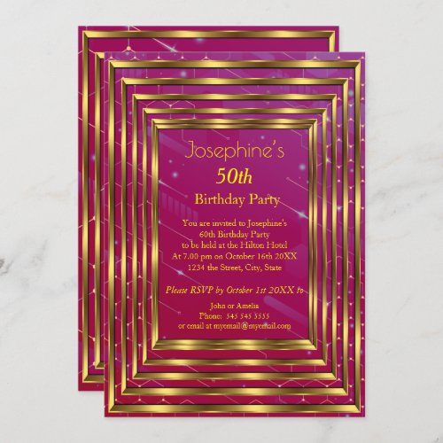 Pink Burgundy 50th Birthday Party Gold Invitation