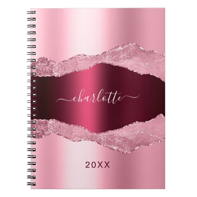 Pink burgundy agate marble name notebook (Front)