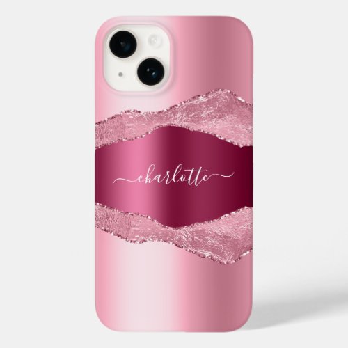 Pink burgundy agate marble name script Case_Mate iPhone 14 case