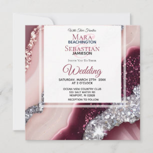 *~* PINK BURGUNDY Agate RSVP QR AR66 Wedding Invitation