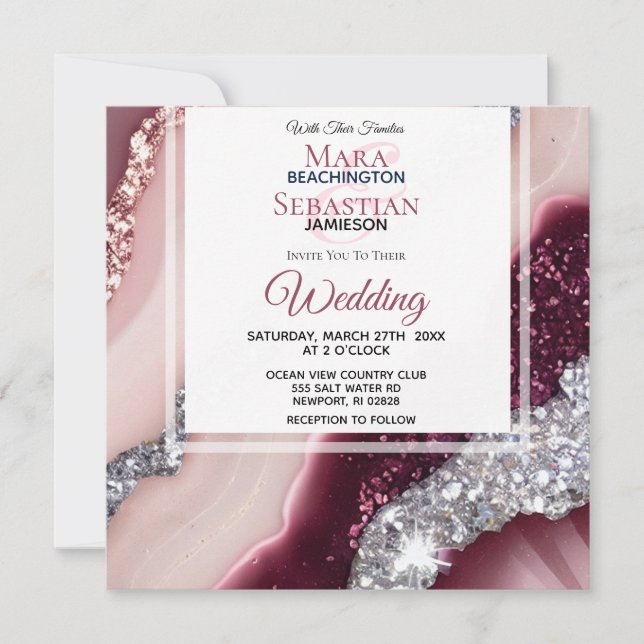 *~* PINK BURGUNDY Agate RSVP QR  AR66 Wedding Invitation (Front)