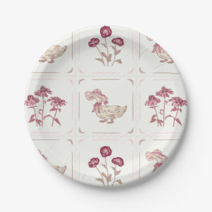 Pink, Burgundy and Brown Flowers and Ducks Paper Plates