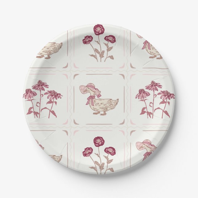 Pink, Burgundy and Brown Flowers and Ducks Paper Plates (Front)