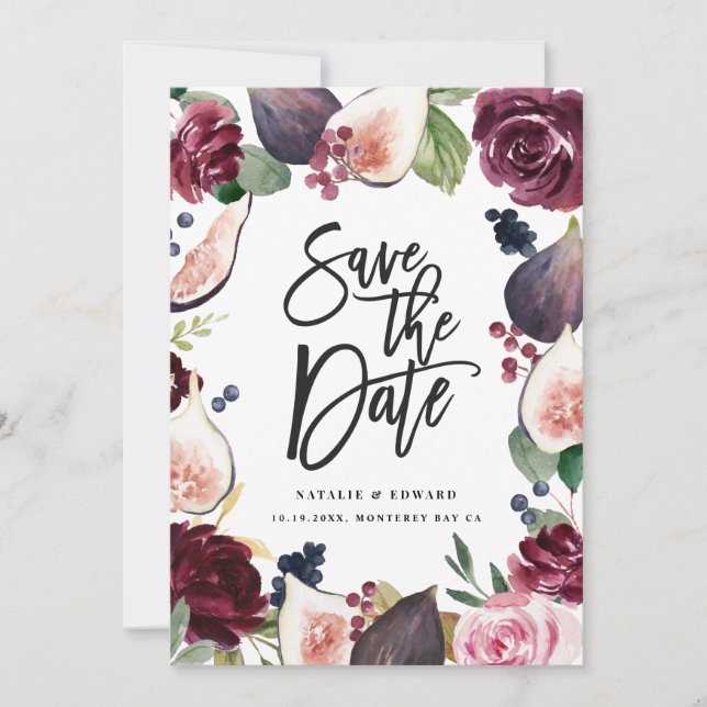Pink, burgundy and fig floral photo save the date (Front)