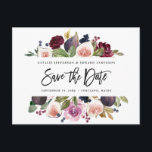 Pink, burgundy and fig floral save the date green postcard<br><div class="desc">Pink,  burgundy and fig floral save the date card. Beautiful watercolor illustration and modern script handwriting. Part of a collection.</div>