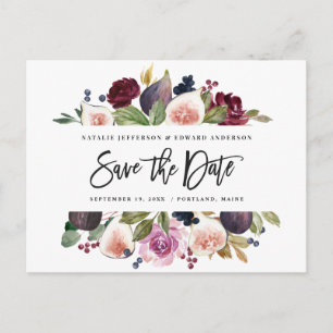 Pink, burgundy and fig floral save the date postcard