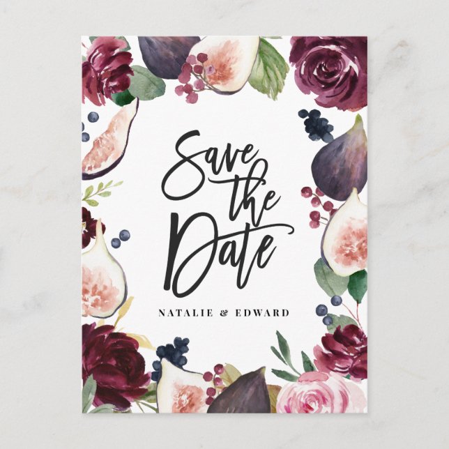Pink, burgundy and fig floral save the date postcard (Front)