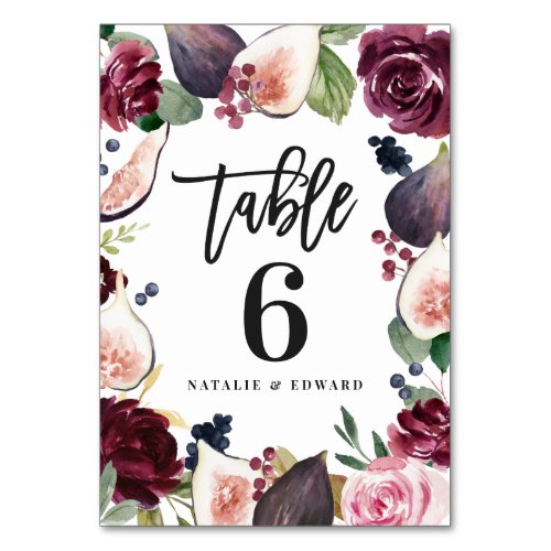 Pink burgundy and fig floral wedding day decor table number