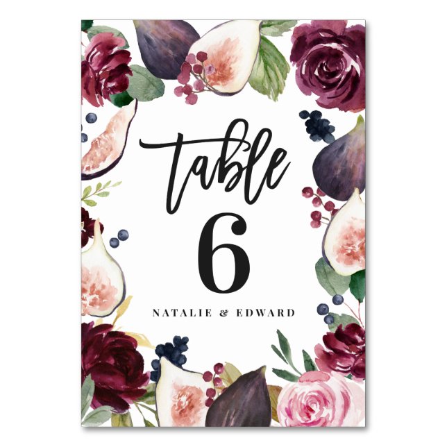 Pink, burgundy and fig floral wedding day decor table number (Front)