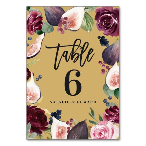 Pink burgundy and fig floral wedding day decor table number