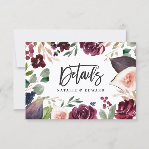 Pink burgundy and fig floral wedding details card