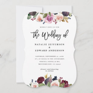Pink, burgundy and fig floral wedding invitation