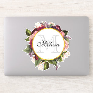 Pink Burgundy and Green Florals Monogram Sticker