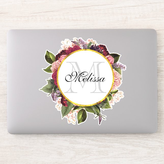 Pink Burgundy and Green Florals Monogram Sticker (Computer)