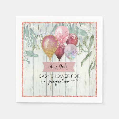 Pink Burgundy Balloon Rustic Wood Baby Girl Shower Napkins