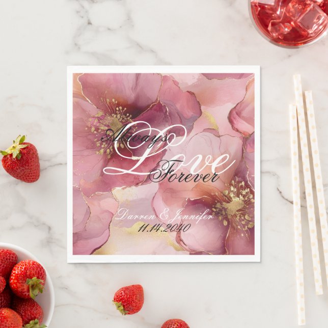 Pink Burgundy Blush Floral Love Wedding Napkins (Insitu)