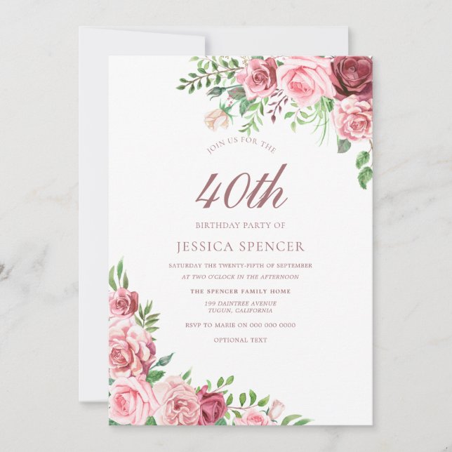 Pink Burgundy Blush Womans 40th Birthday Invite (Front)