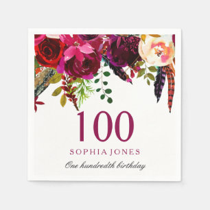 Pink & Burgundy Boho Floral 100th Birthday Party Napkins