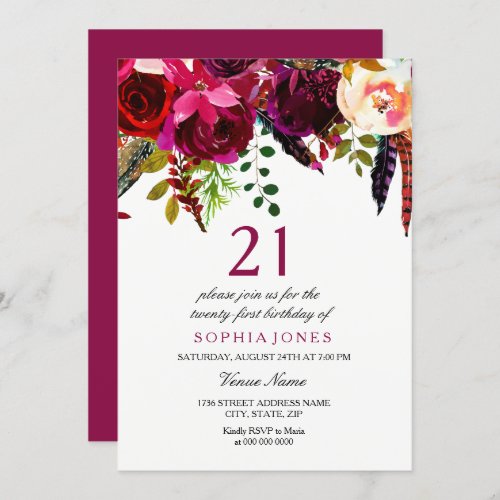 Pink  Burgundy Boho Floral 21st Birthday Party Invitation