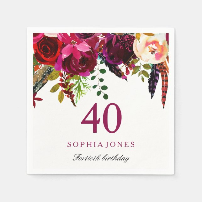 Pink & Burgundy Boho Floral 40th Birthday Party Napkins (Front)