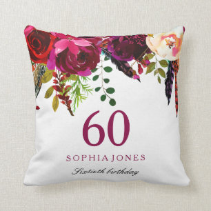 Pink & Burgundy Boho Floral 60th Birthday Gift Throw Pillow