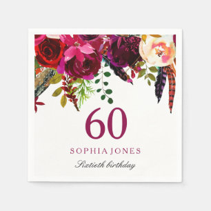 Pink & Burgundy Boho Floral 60th Birthday Party Napkins