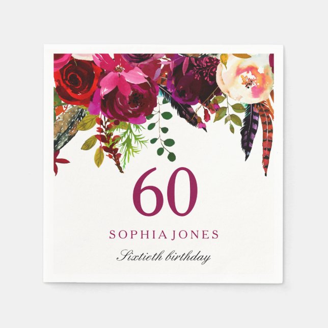 Pink & Burgundy Boho Floral 60th Birthday Party Napkins (Front)