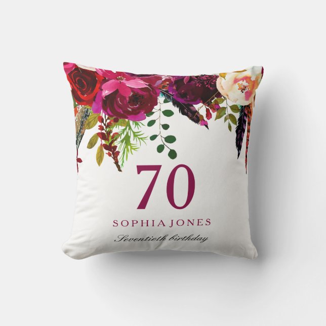 Pink & Burgundy Boho Floral 70th Birthday Gift Throw Pillow (Front)
