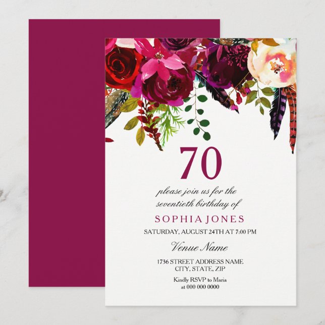 Pink Burgundy Boho Floral 70th Birthday Party Invitation (Front/Back)