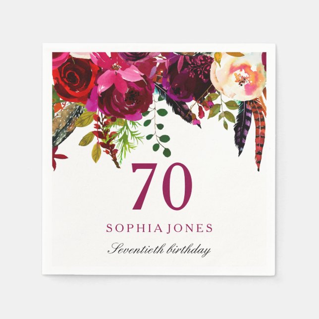 Pink & Burgundy Boho Floral 70th Birthday Party Napkins (Front)