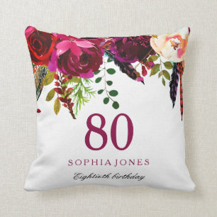 Pink & Burgundy Boho Floral 80th Birthday Gift Throw Pillow