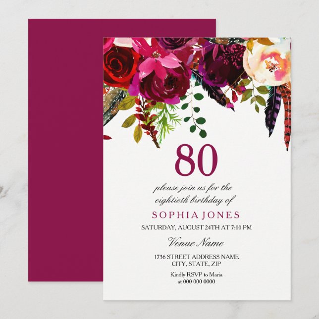 Pink & Burgundy Boho Floral 80th Birthday Party Invitation (Front/Back)