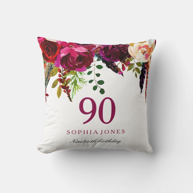 Pink & Burgundy Boho Floral 90th Birthday Gift Throw Pillow (Front)