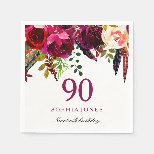 Pink & Burgundy Boho Floral 90th Birthday Party Napkins (Front)