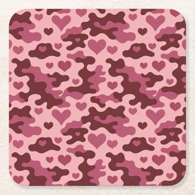 Pink Burgundy Camo Hearts Coaster Set (Front)