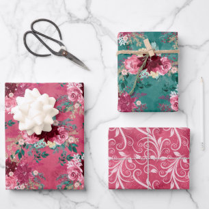 PINK BURGUNDY CHRISTMAS WATERCOLOR FLOWERS WRAPPING PAPER SHEETS