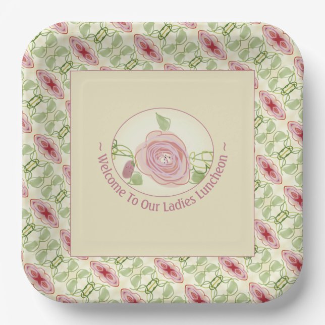 Pink Burgundy Cream And Green Floral Paper Plates (Front)