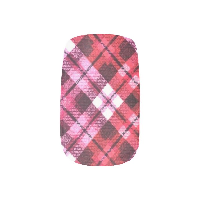 Pink Burgundy Diagonal Plaid Tartan Check Minx Nail Art (Left Thumb)