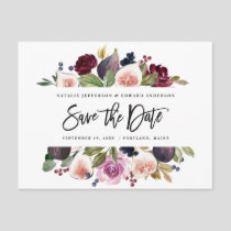 Pink, burgundy + fig floral save the date mustard postcard
