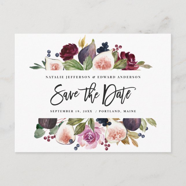 Pink, burgundy + fig floral save the date mustard postcard (Front)