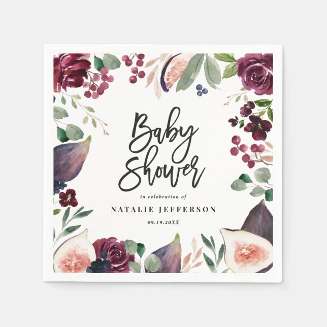Pink, burgundy, + fig watercolor floral and script napkins (Front)