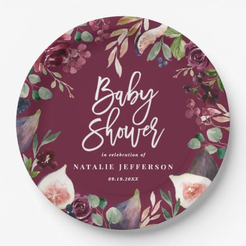 Pink burgundy  fig watercolor floral and script paper plates