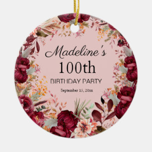 Pink Burgundy Floral 100th Birthday Keepsake Ceramic Ornament