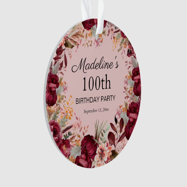 Pink Burgundy Floral 100th Birthday Keepsake Ornament (Front)
